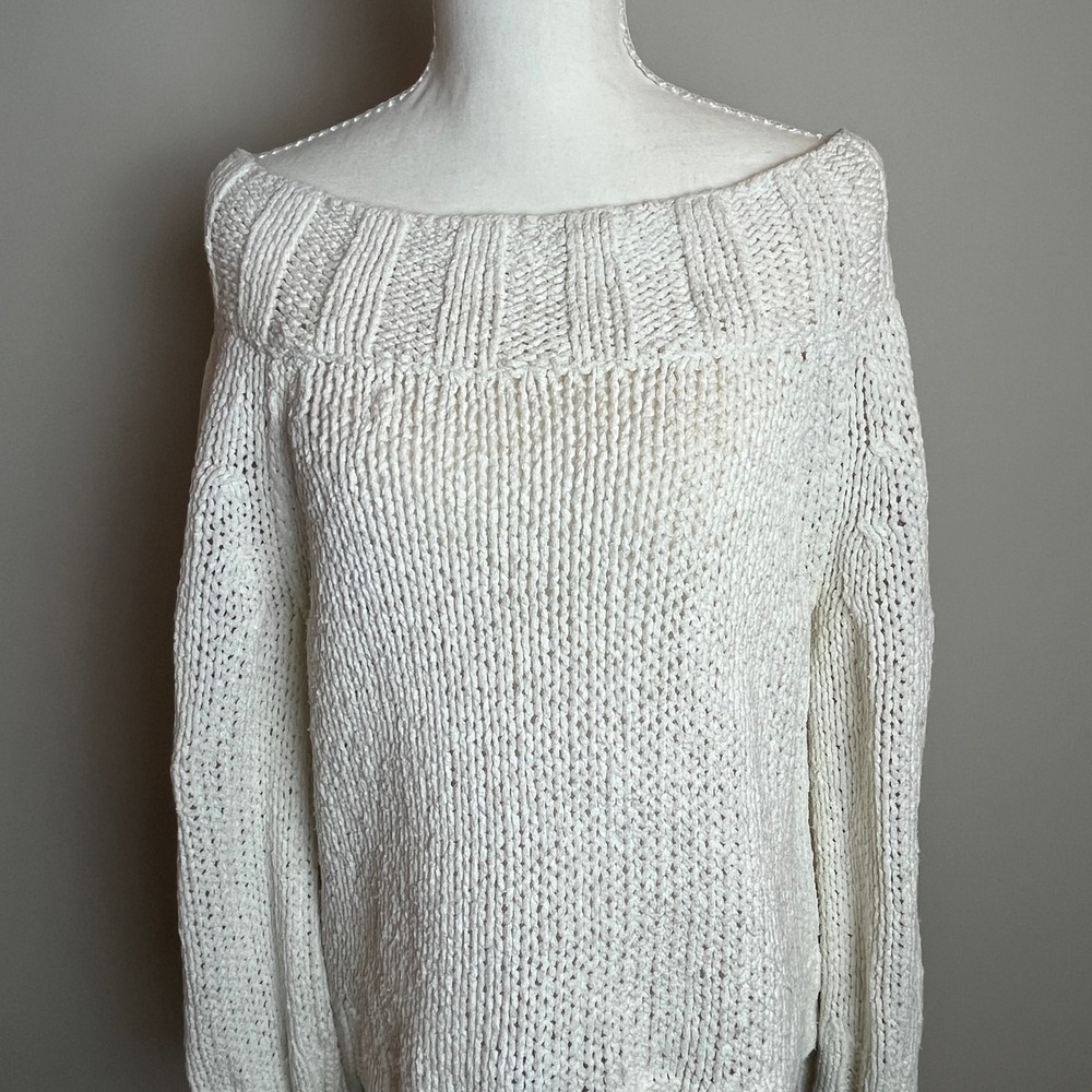 Free People White Chunky Knit Boat Neck Sweater Cotton Blend Medium